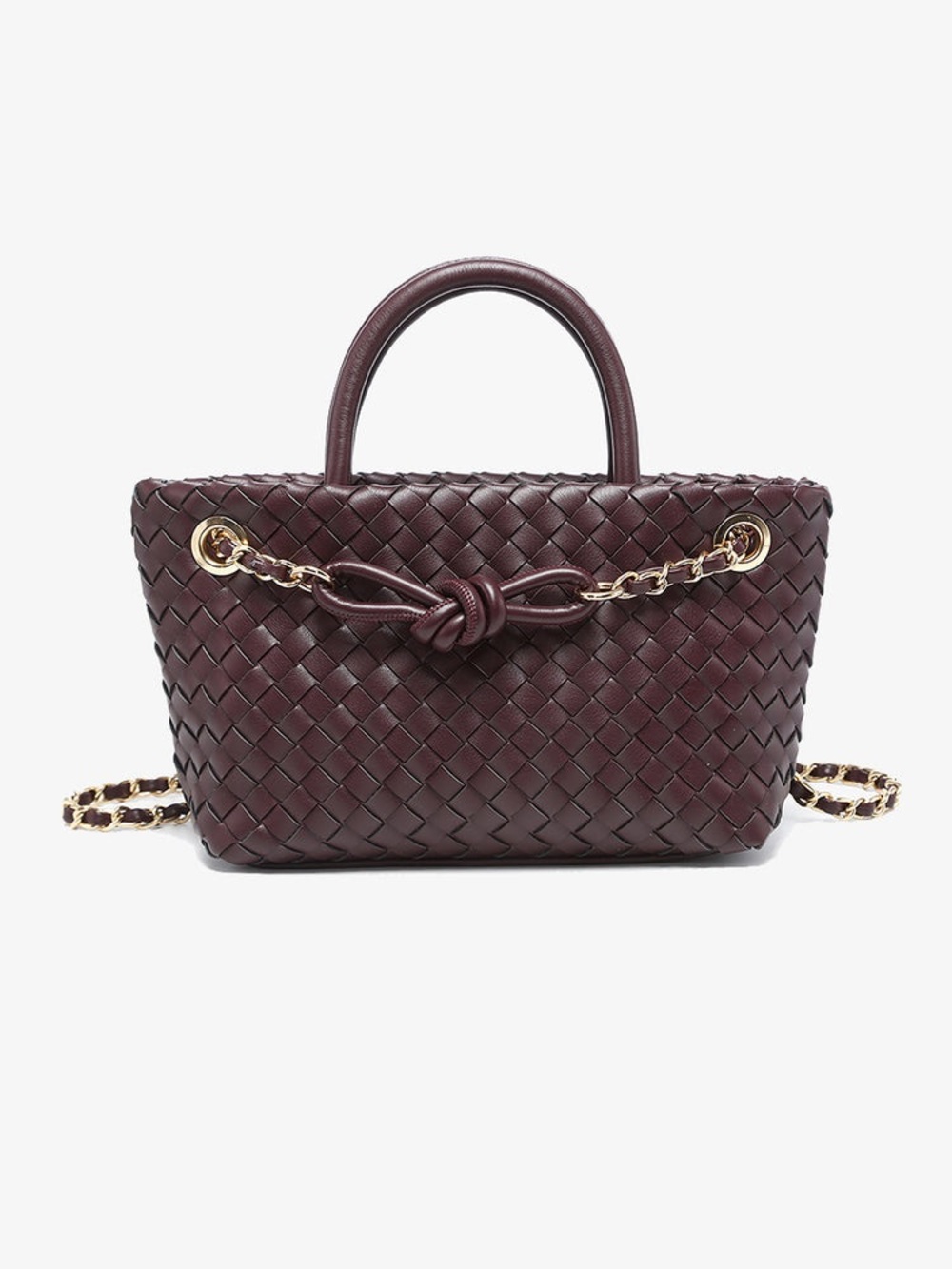 Woven Leather Satchel in Deep Burgundy with Chain Strap